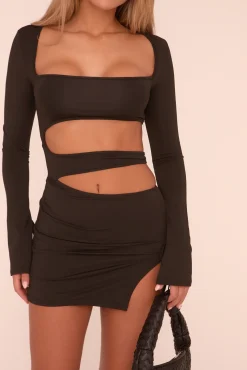 Rebellious Fashion Black Cut Out Detail Long Sleeve Mini Dress - Freddie