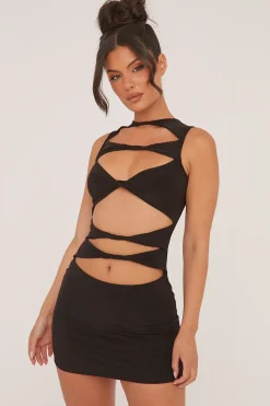 Rebellious Fashion Black Cut Out Front Bodycon Mini Dress - Thea