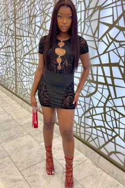 Rebellious Fashion Black Cut Out Mesh Zebra Print Mini Dress - Donya