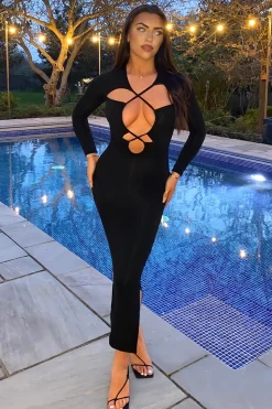 Rebellious Fashion Black Cut Out Neck Side Slit Midi Dress - Miriam