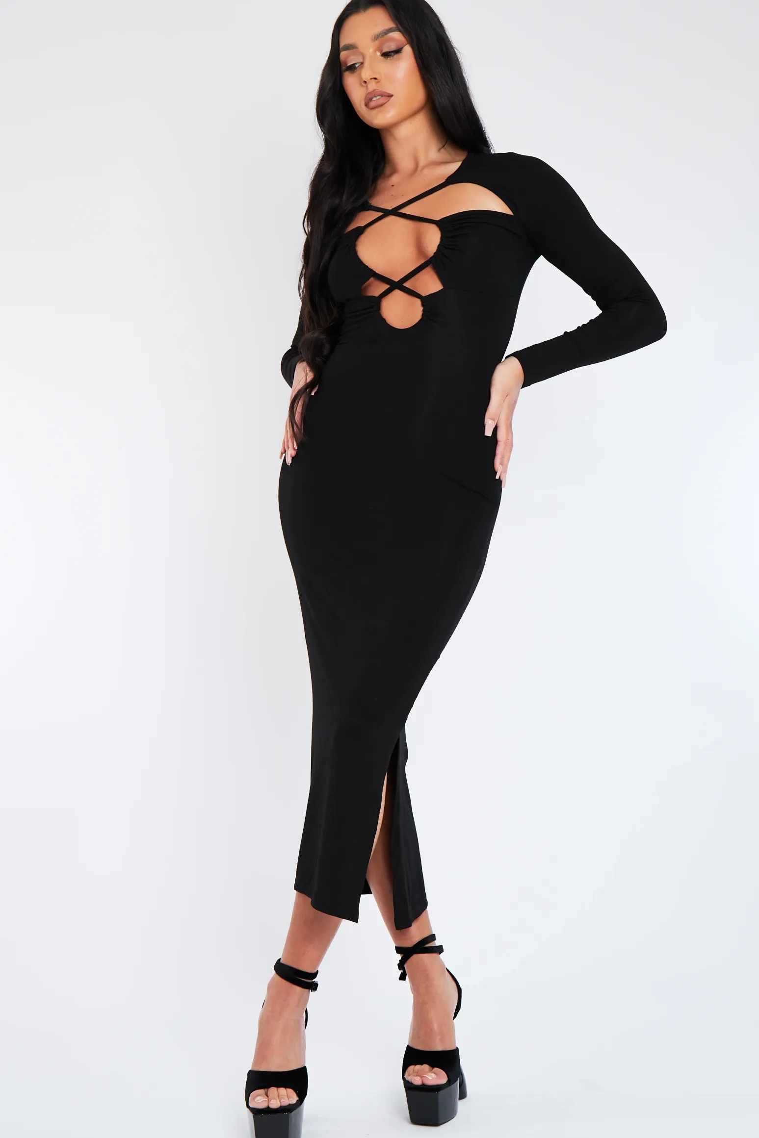 Rebellious Fashion Black Cut Out Neck Side Slit Midi Dress - Miriam