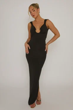 Rebellious Fashion Black Cut Out Plunge Back Maxi Dress - Caterina