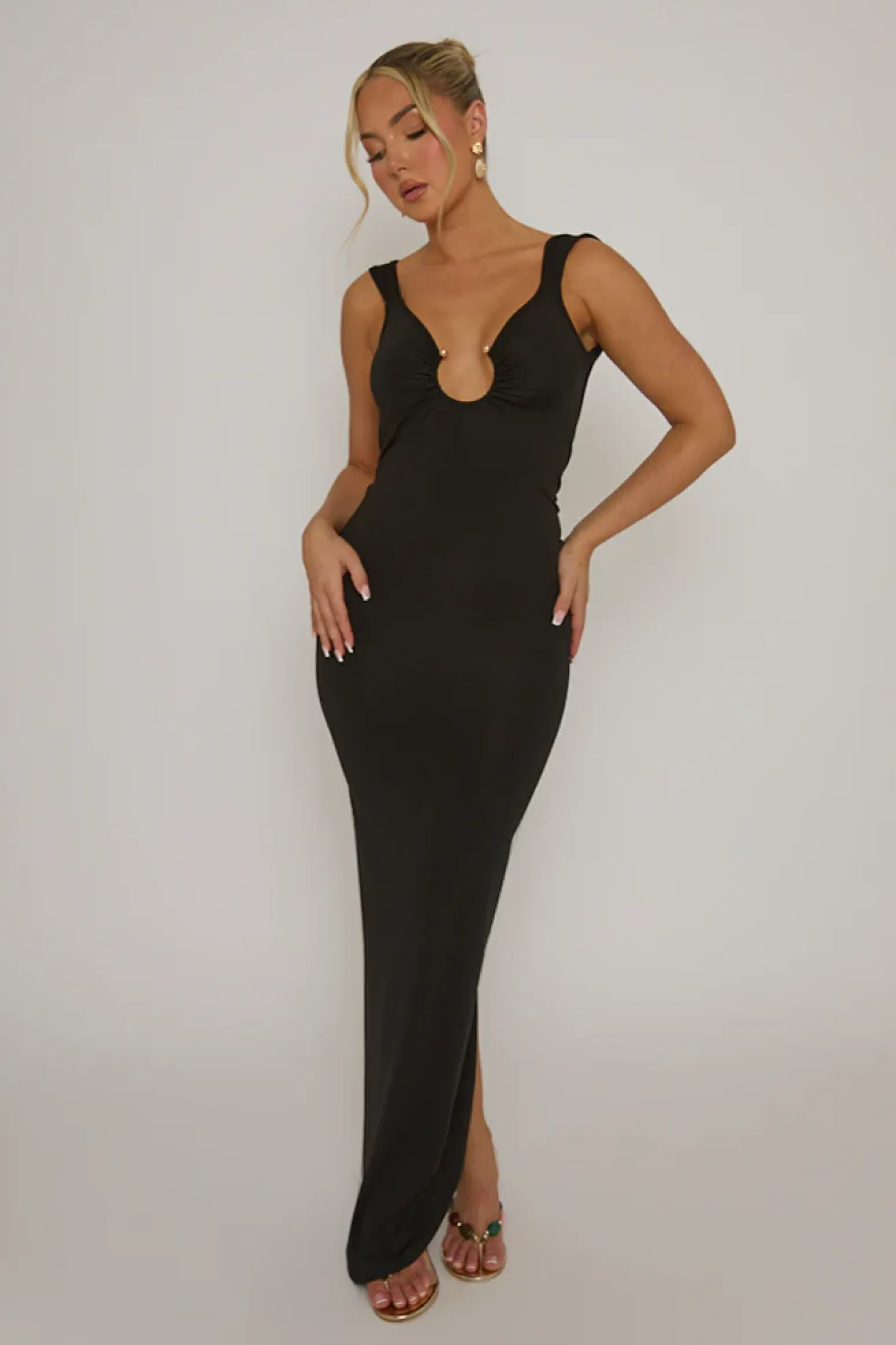 Rebellious Fashion Black Cut Out Plunge Back Maxi Dress - Caterina