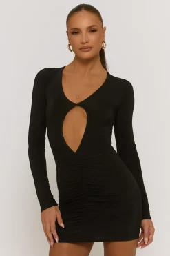 Rebellious Fashion Black Cut Out Ruched Front Mini Dress - Venetia