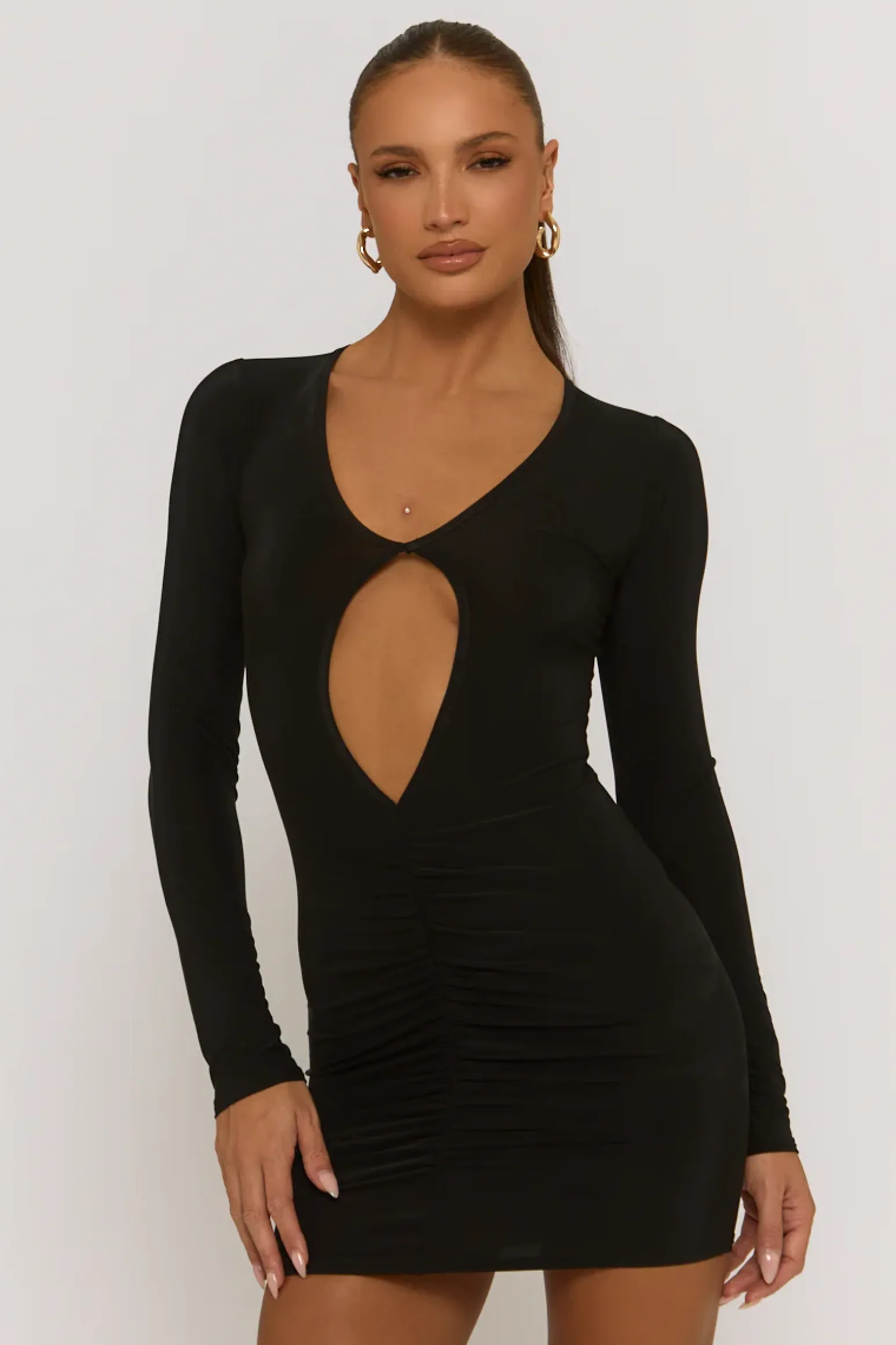 Rebellious Fashion Black Cut Out Ruched Front Mini Dress - Venetia