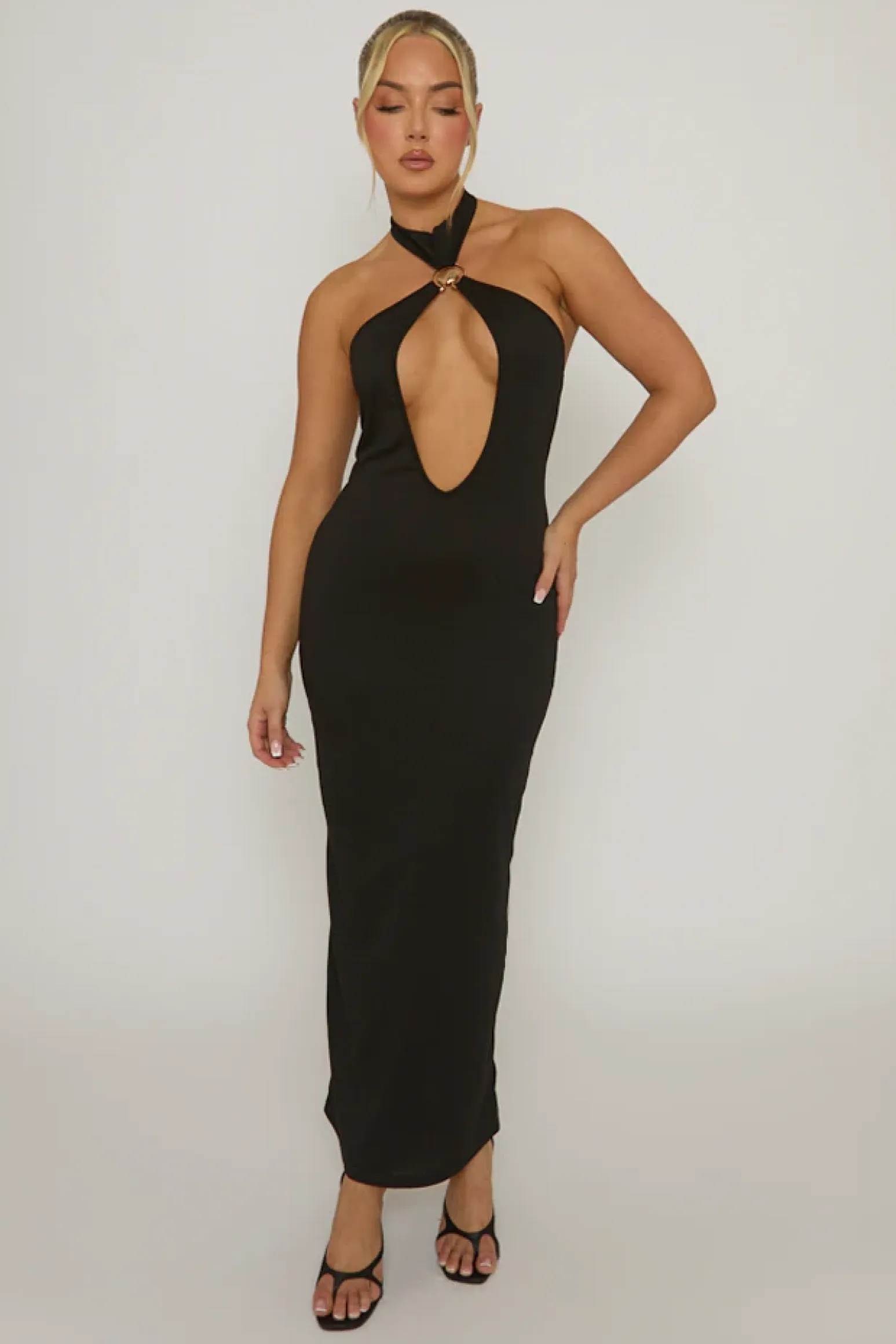 Rebellious Fashion Black Cut Out Shell Trim Halter Maxi Dress - Audrey