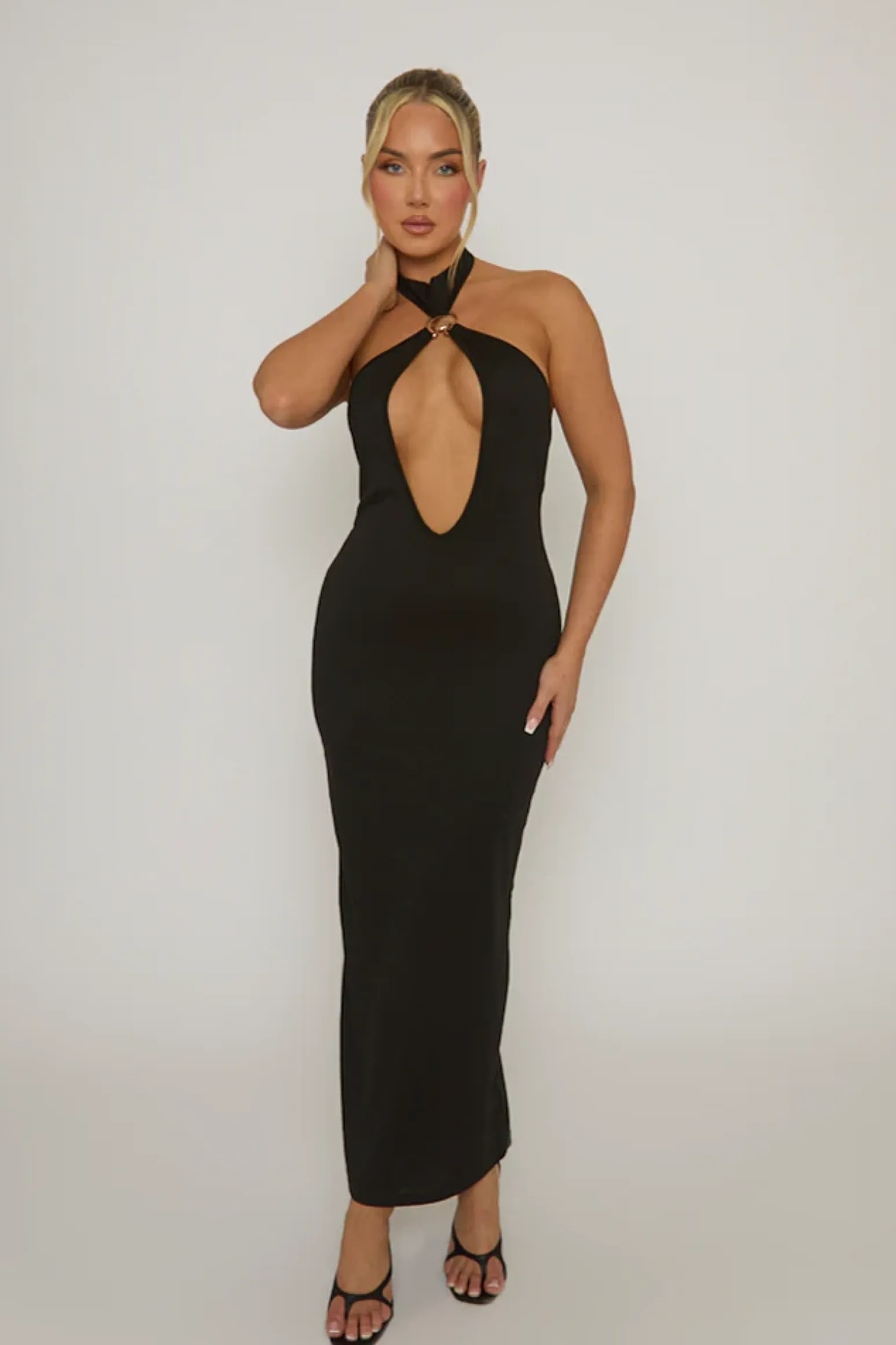 Rebellious Fashion Black Cut Out Shell Trim Halter Maxi Dress - Audrey