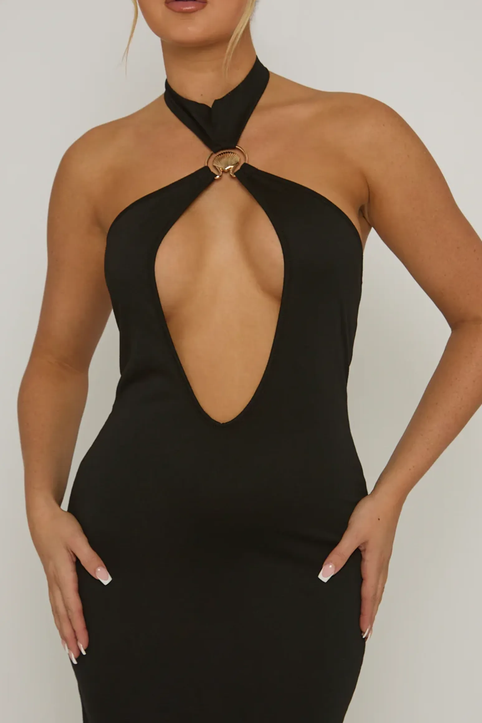 Rebellious Fashion Black Cut Out Shell Trim Halter Maxi Dress - Audrey