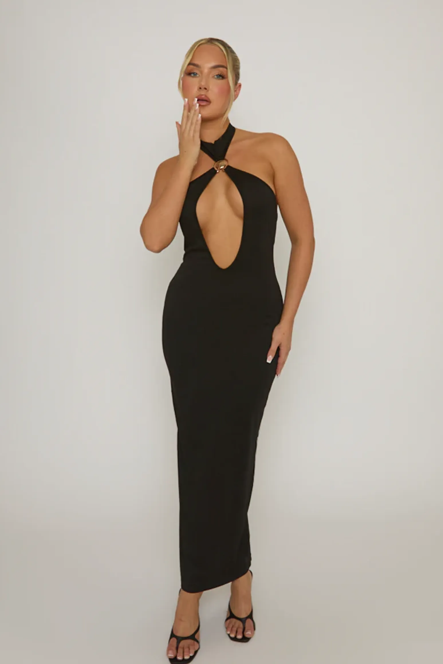 Rebellious Fashion Black Cut Out Shell Trim Halter Maxi Dress - Audrey