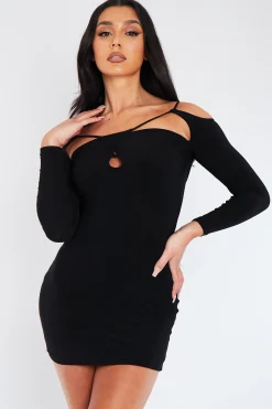 Rebellious Fashion Black Cut Out Shoulders Slinky Mini Dress - Selena