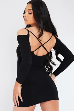 Rebellious Fashion Black Cut Out Shoulders Slinky Mini Dress - Selena