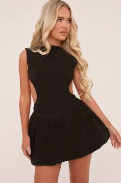 Rebellious Fashion Black Cut Out Side Puffball Mini Dress - Gabrielle