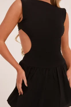 Rebellious Fashion Black Cut Out Side Puffball Mini Dress - Gabrielle