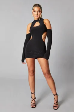 Rebellious Fashion Black Cut Out Waist Cold Shoulder Mini Dress - Alira