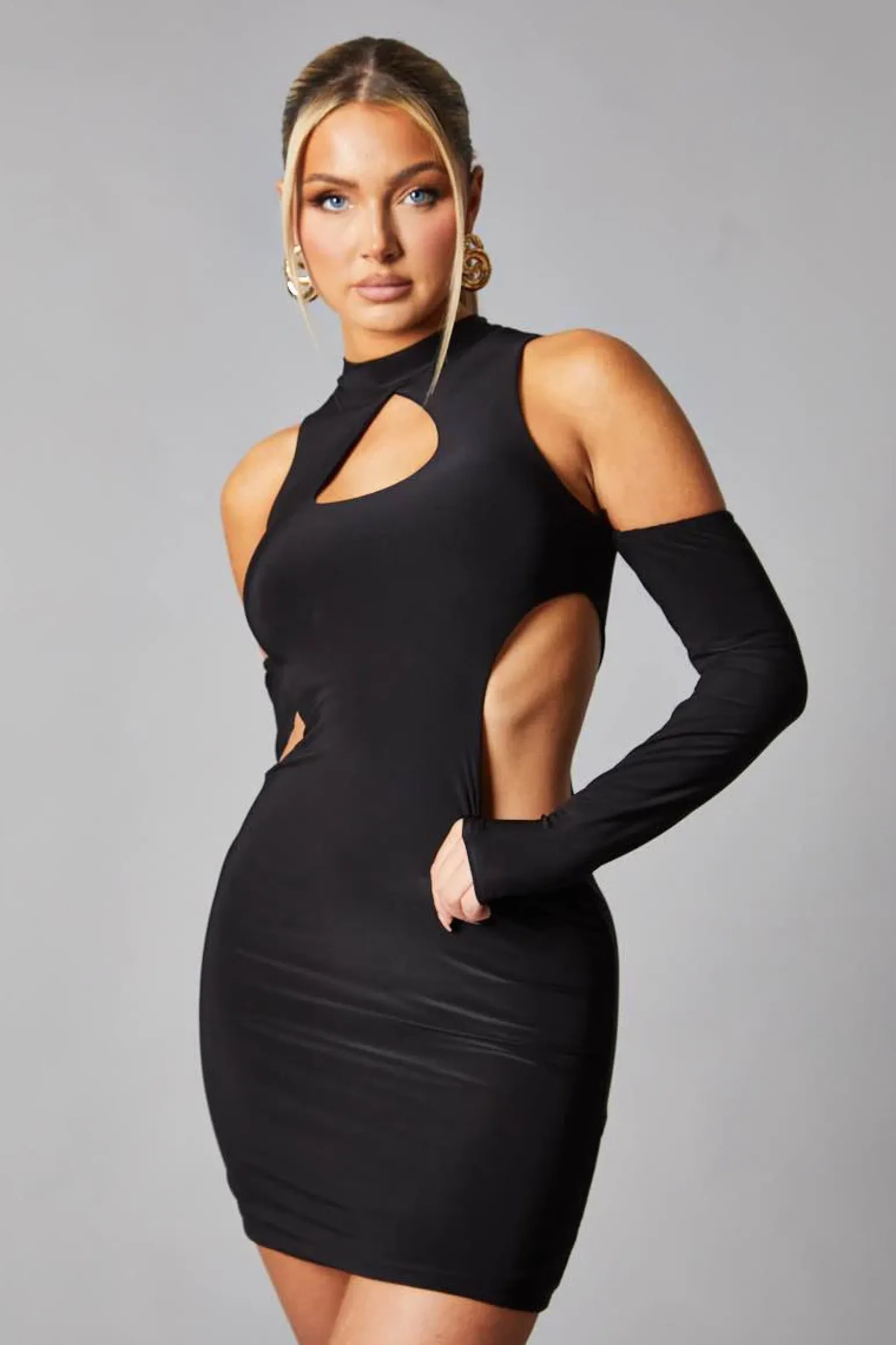 Rebellious Fashion Black Cut Out Waist Cold Shoulder Mini Dress - Alira