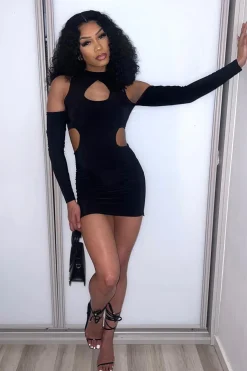 Rebellious Fashion Black Cut Out Waist Cold Shoulder Mini Dress - Alira