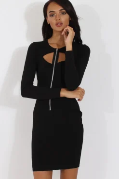 Rebellious Fashion Black Cut Out Zip Detail Dress - Cordelia