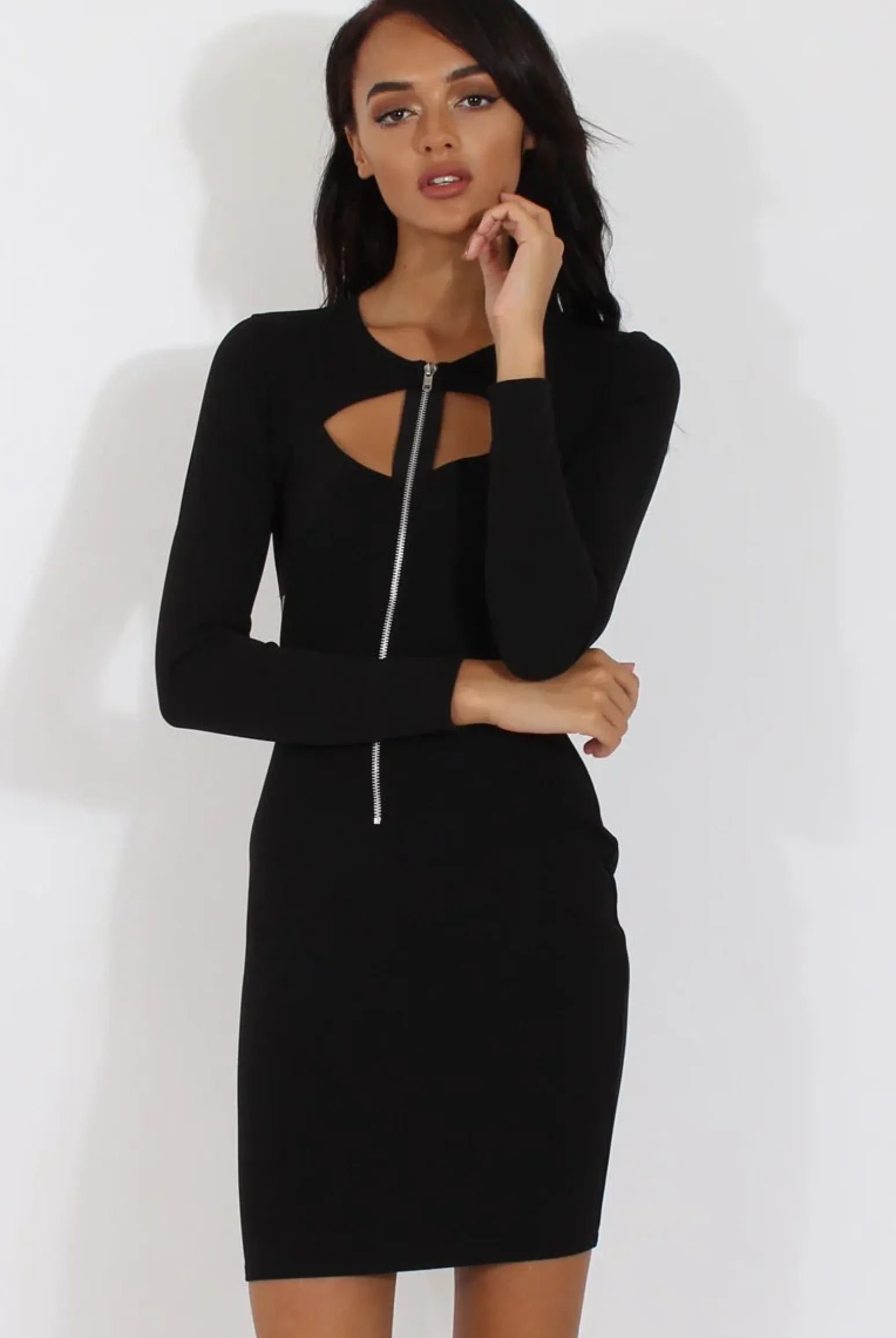 Rebellious Fashion Black Cut Out Zip Detail Dress - Cordelia