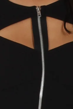 Rebellious Fashion Black Cut Out Zip Detail Dress - Cordelia