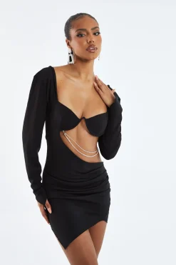 Rebellious Fashion Black Cutout Diamante Detail Mini Dress - Zoya