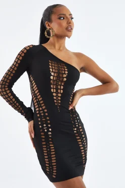 Rebellious Fashion Black Cutout One Sleeve Mini Dress - Helen