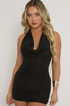 Rebellious Fashion Black Deep Plunge Halter Mini Dress - Teagan
