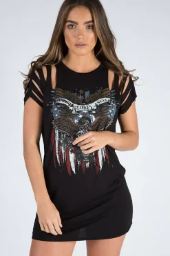Rebellious Fashion Black Distressed America Love Angel Graphic T-Shirt Dress - Skyler