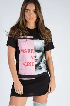 Rebellious Fashion Black Distressed Back Detail Graphic T Shirt Dress - Emma
