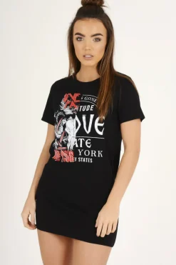 Rebellious Fashion Black Distressed Back Graphic Print T Shirt Dress - Elle