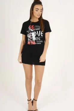 Rebellious Fashion Black Distressed Back Graphic Print T Shirt Dress - Elle