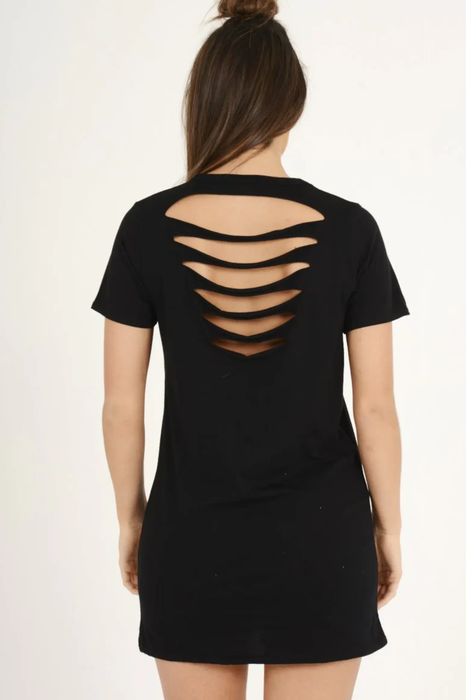 Rebellious Fashion Black Distressed Back Graphic Print T Shirt Dress - Elle
