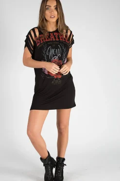 Rebellious Fashion Black Distressed Breathe Graphic T Shirt Dress - Madeline