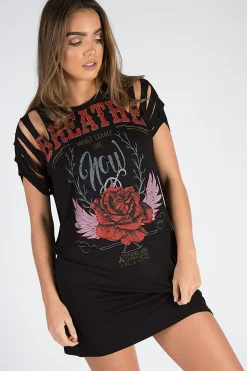 Rebellious Fashion Black Distressed Breathe Graphic T Shirt Dress - Madeline