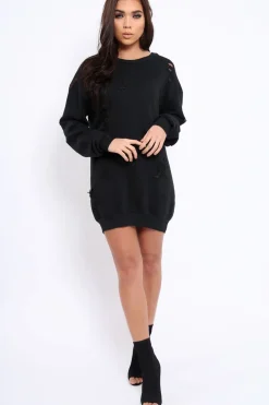 Rebellious Fashion Black Distressed Detail Sweatshirt Jumper Dress - Ivy
