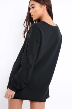 Rebellious Fashion Black Distressed Detail Sweatshirt Jumper Dress - Ivy