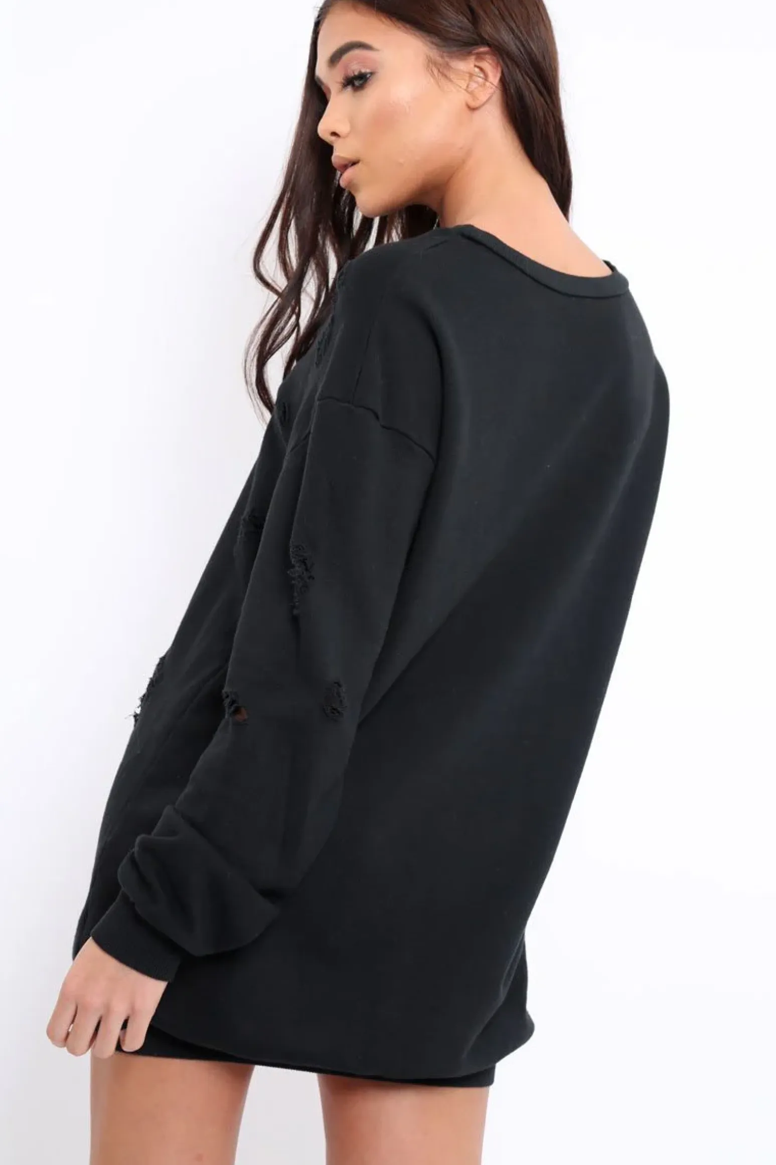 Rebellious Fashion Black Distressed Detail Sweatshirt Jumper Dress - Ivy