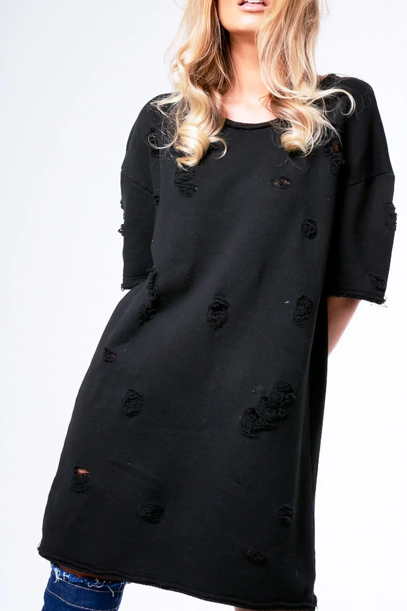Rebellious Fashion Black Distressed Detail Short Sleeved Jumper Dress - Cammie