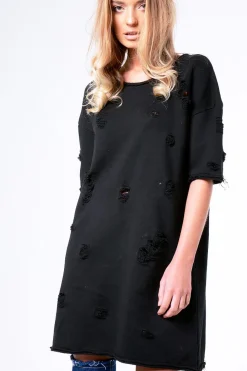 Rebellious Fashion Black Distressed Detail Short Sleeved Jumper Dress - Cammie