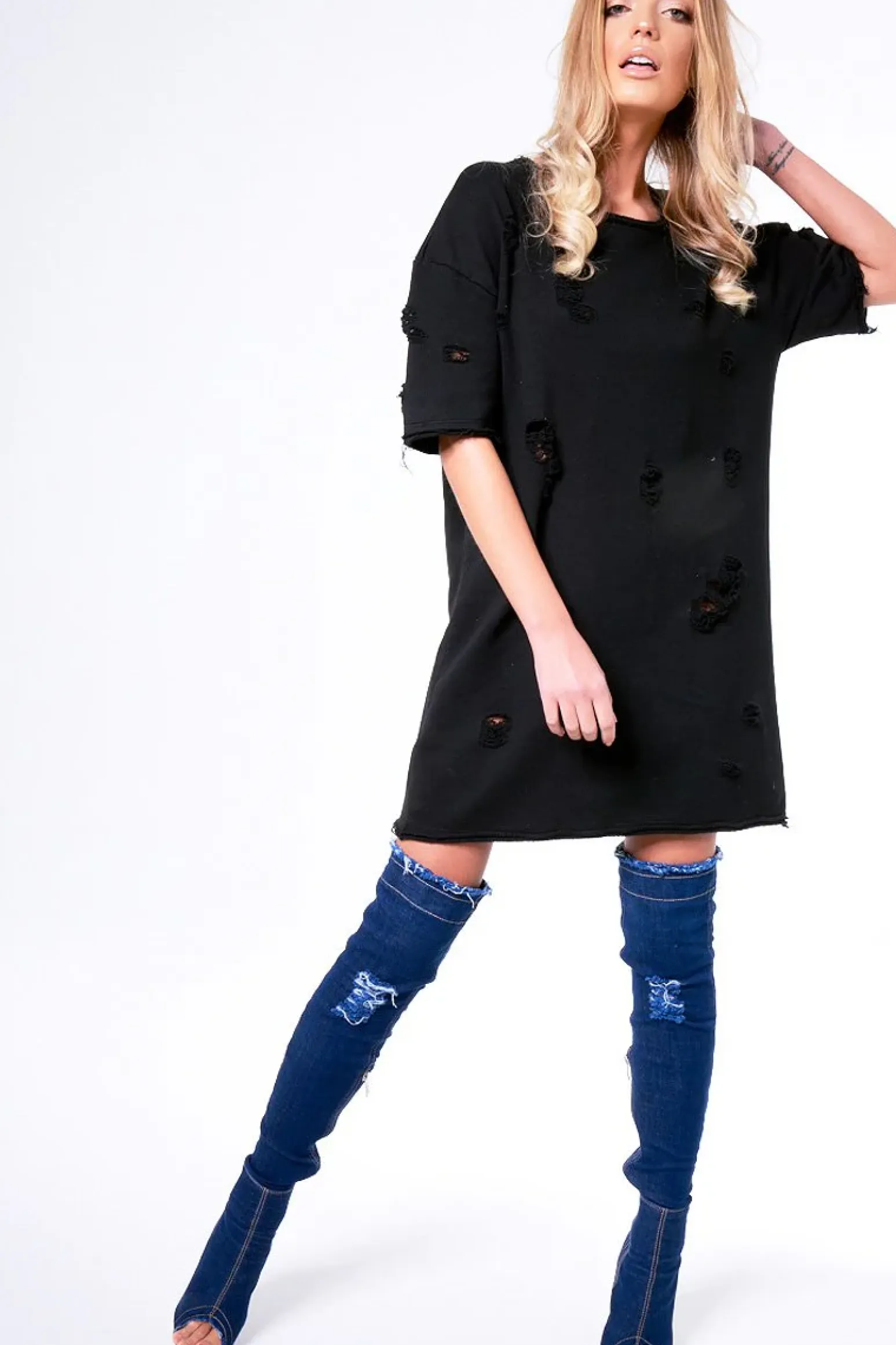 Rebellious Fashion Black Distressed Detail Short Sleeved Jumper Dress - Cammie