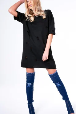 Rebellious Fashion Black Distressed Detail Short Sleeved Jumper Dress - Cammie