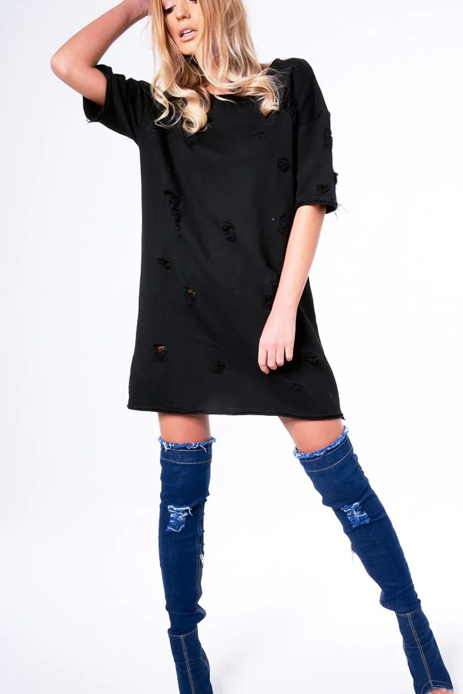Rebellious Fashion Black Distressed Detail Short Sleeved Jumper Dress - Cammie