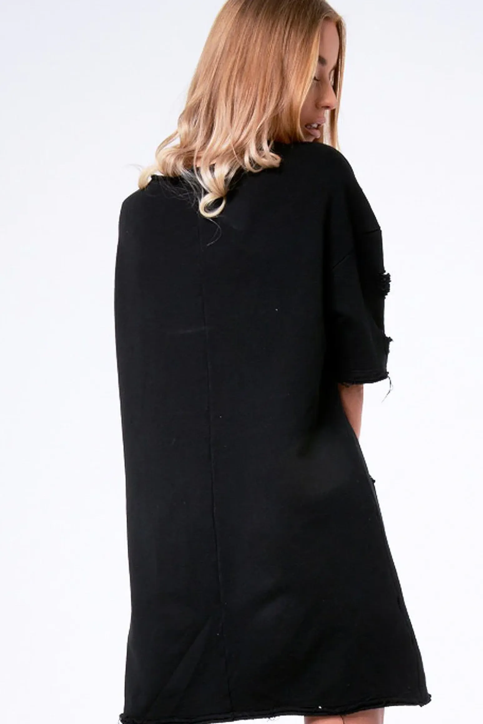 Rebellious Fashion Black Distressed Detail Short Sleeved Jumper Dress - Cammie