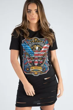 Rebellious Fashion Black Distressed Detail Vintage Design T Shirt Dress - Maisie