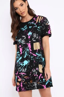 Rebellious Fashion Black Distressed Paint Splatter T-Shirt Dress - Masa