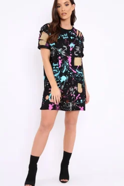 Rebellious Fashion Black Distressed Paint Splatter T-Shirt Dress - Masa