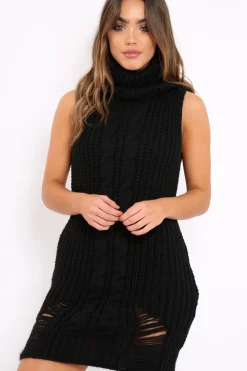 Rebellious Fashion Black Distressed Turtleneck Jumper Dress - Jenni