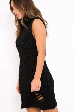 Rebellious Fashion Black Distressed Turtleneck Jumper Dress - Jenni