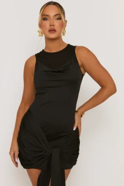 Rebellious Fashion Black Drape Front Tie Side Bodycon Dress - Viktoria