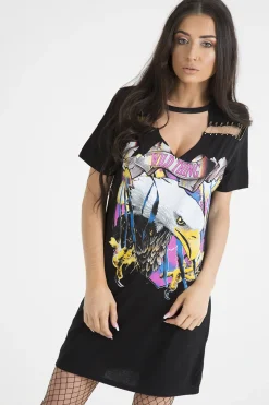 Rebellious Fashion Black Eagle Print Cut Out Pin T-Shirt Dress - Thea