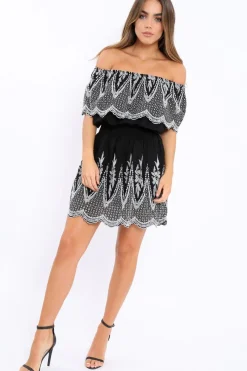Rebellious Fashion Black Embroidered Bardot Dress - Lottie